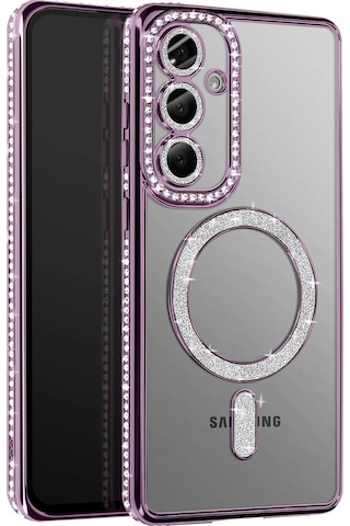 Samsung Galaxy A37 Uyumlu Kılıf Parlak Taşlı Simli M-safe Telefon Kılıfı Kapak Derin Mor