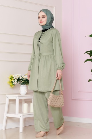 Sevitli Önü Bağlamalı Pantolonlu Takım-mint Yeşili-4767
