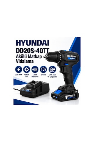 Hyundai Dd20s-40tt 20v Akülü Matkap 40nm 2 Vites Led 2.0ah + Şarj
