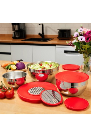 Rosso 9 Prç. Saklama Kabı Rendeli Kırmızı 24 Cm , 20 Cm , 16 Cm Paslanmaz Çelik
