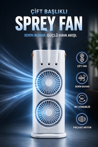 Sulu Buharlı Çift Başlıklı Klima Fanı Taşınabilir Usb Şarjlı 3 Kademeli Led Işıklı, Masaüstü Fan, Taşınabilir Fan