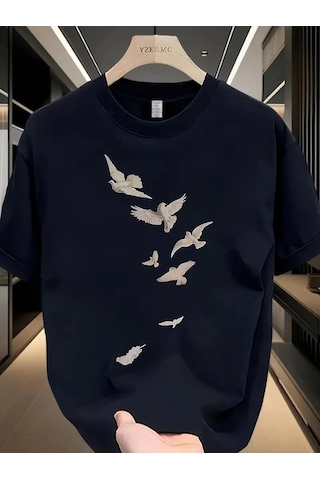 Moda Assema Erkek Bisiklet Yaka Tişort Özgür Kuşlar Baskılı Kısa Kol T-shirt - Beyaz Çok Renkli