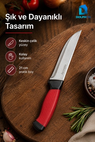 21 Cm Paslanmaz Çelik Çok Amaçlı Mutfak Bıçağı Ergonomik Saplı Kırmızı Siyah