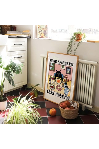 Daha Fazla Spagetti Daha Az Pişmanlık Siyah Kedi Baskısı, Retro Lokanta Posteri