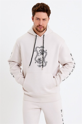 JAHR MARC Ejderha Baskılı Krem Oversize Erkek Sweatshirt Krem
