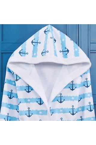 Çapa Desen Dijital Baskılı Genç Çocuk Bornozu Mavi - Beyaz