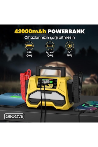 Groove F05 42000mah 8000a Akü Takviye Cihazı +lastik Şişirme Kompresörlü Taşınabilir Jump Starter+pd 30w Hızlı Şarj Kompresör+powerbank+led Lamba+lcd Ekran