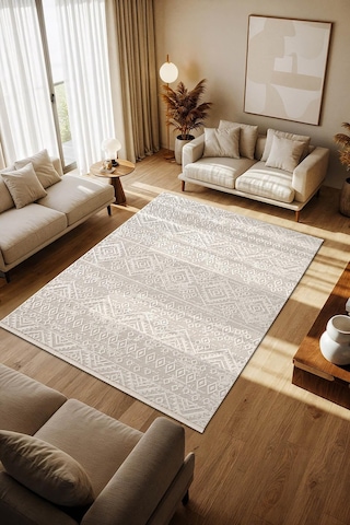 Cotto Motto Tt008w Krem Beyaz Halı Geometrik Desen Pamuk Taban Yıkanabilir Salon Mutfak Halısı Krem-beyaz