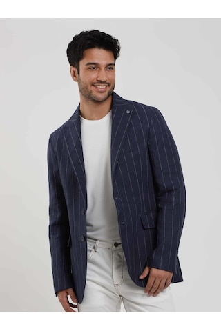 Dufy Lacivert Erkek Regular Fit Çizgili Sivri Yaka Keten Ceket - 104439-lacivert Lacivert