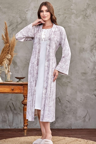 Kadife Sabahlık Zakkum Gecelik Şık Zarif 2li Set Çeyiz Özel Günler Flz 32-48 Vizon