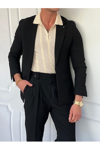 Modefendi Özel Seri %100 Gofre Kumaş İtalyan Kesim Pileli Modern Fit Takım Elbise Siyah