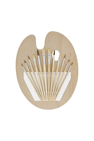 Ahşap Palet Oval Naturel 12 Li Resim Fırçası Seti 1 Paket Yuvarlak Ve Kesik Uçlu Boyama Fırçası Akrilik Yağlı