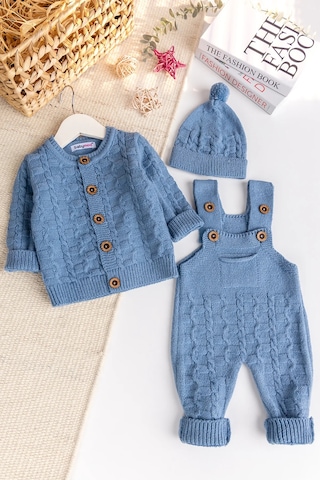 Triko Hırkalı 3'lü Ayarlanabilir Askılı Örgü Erkek Bebek Salopet Tulum Takım Set mavi
