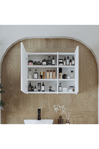 Banyo Dolabı Kulpsuz 2 Kapaklı Mdf 75 Cm Aynalı Banyo Üst Dolabı Mat Beyaz