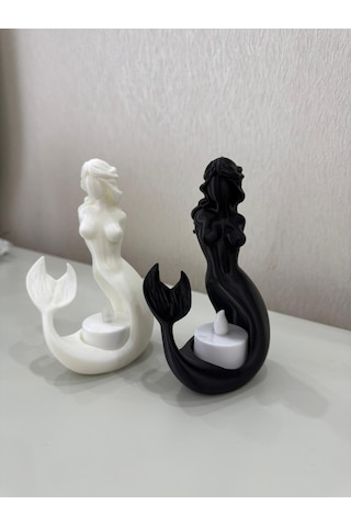 Deniz Kızı Tealight Mumluk 2 Li Siyah Beyaz Dekoratif Figür Ev Ofis Masaüstü Aksesuarı