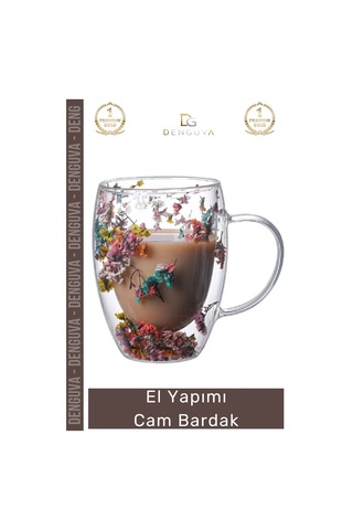 Cambardak Organik Çiçekli Isıya Dayanıklı Borosilikat El Yapımı Estetik Cam Handmade Bardak 350ml Çok Renkli
