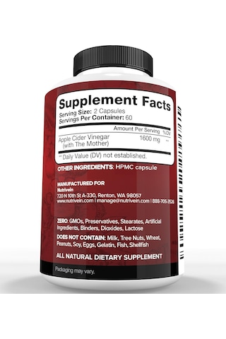 Nutrivein Premium Apple Cider Vinegar Digestion, Keto, Cleansing, And Balanced 1600 Mg - 120 Caps