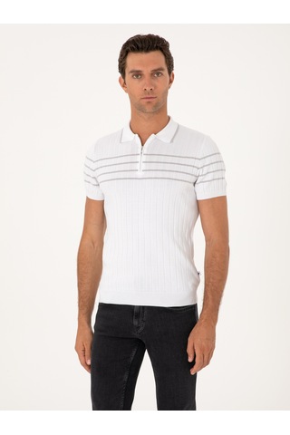 Beyaz Slim Fit %100 Pamuk Fermuarlı Polo Yaka Triko T-shirt