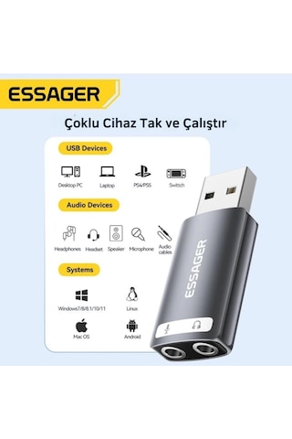 Essager Usb To 3.5mm Jack Çevirici Dönüştürücü Usbden Kulaklık Mikrofon Giriş Dönüştürücü Ses Dönüştürücü