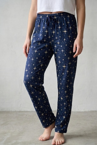 Elemge %100 Pamuk Desenli Kadın Pijama Altı Interlok Kumaş Rahat Kalıp İndigo Cepsiz Kurdele Yıldız Baskı