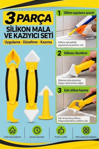 3 Parça Fayans Derz Ve Silikon Kazıyıcı Temizleme Aparatı Mala Seti Lisinya
