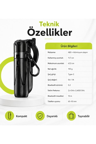 Bluetooth 5.2 Selfie Çubuğu Ve Tripod 47,5 Cm Teleskopik Uzaktan Kumandalı