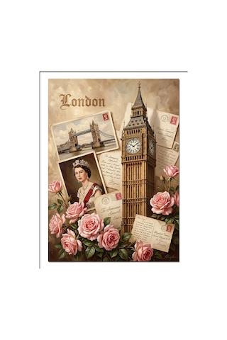 Londra Big Ben Ve Güller Kolaj Dekoratif Kanvas - Mdf Ahşap Tablo