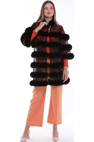 Furrier Suni Kürk Detaylı Dik Yaka Çiçek Desenli Dantel Yelek Siyah