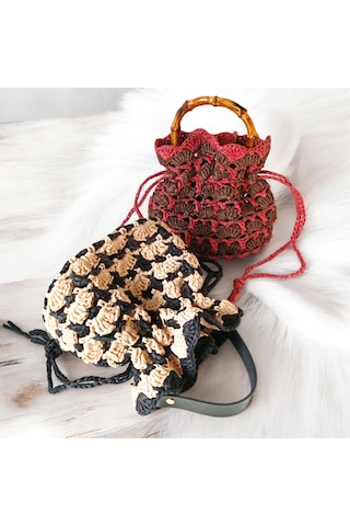 El Yapımı Rafya Çanta Bej Siyah Minimal Boho Yazlık Kadın El Çantası Bej - Siyah