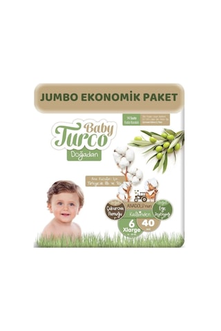 Baby Turco Doğadan Bebek Bezi 6 Numara Xlarge Jumbo Ekonomik Paket 40 Adet