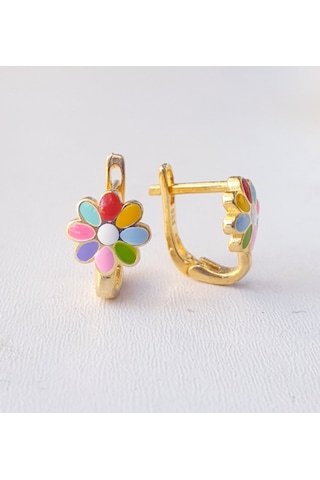 Rengarenk Mineli Klipsli Çiçekli Papatyalı Gümüş Çocuk Küpesi