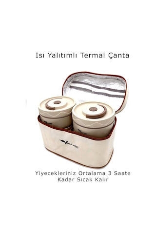 Valkyrie 4 Gözlü Paslanmaz Çelik Isı Yalıtımlı Yemek Kabı Seti Çantalı 304 Steel 2x 420ml + 2x 550ml Krem