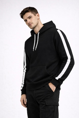 Barlashive Erkek Şeritli Kapüşonlu Sweatshirt Oversize 3 İplik Pamuklu Hoodie - Siyah Çok Renkli