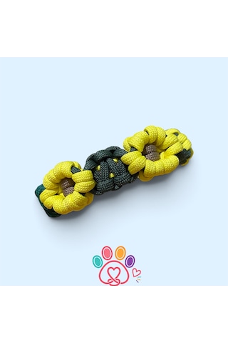 Pawknot Paracord Papatya Desenli Paracord El Yapımı Hand Made Köpek Tasması Açık Kahverengi - Yeşil - Sarı