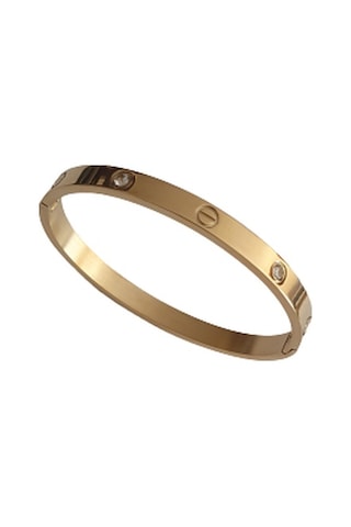 Zirkon Taşlı Kelepçe Çelik Bileklik Gold Sarı
