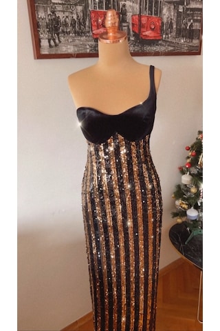 Chica Rosa Fashion Pullu Kloş Kısa Elbise Altın - Siyah