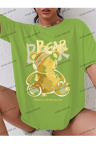 Noıssey Unisex Bay Ayı & Slogan Baskılı Kadın T-shirt Kod-1338 Yeşil