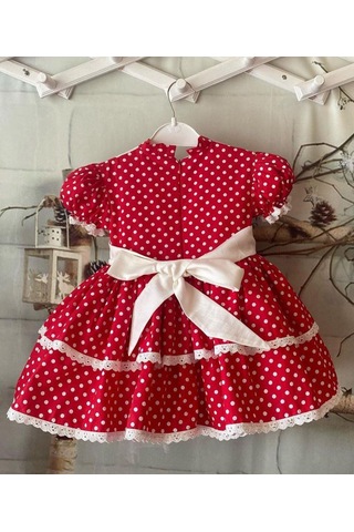 Kırmızı Puantiyeli Nakışlı Kız Bebek Elbisesi,özel Dikim Çocuk Elbisesi, Doğum Günü Elbisesi, 0-12 Yaş Kırmızı