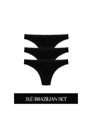 Cotvie Siyah Pamuklu Brazillian 3'lü Set Külot Siyah
