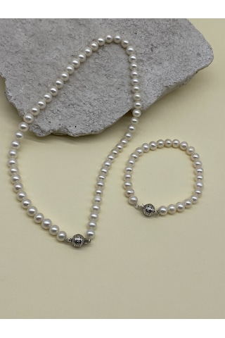 Beyaz Doğal İnci Erkek Kolye Bileklik Set Gümüş