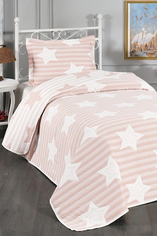 Evlen Home Pedri Yıldız Desenli Pamuklu Tek Kişilik Yatak Örtüsü Pike Takımı 2 Parça Çocuk Yatak Örtüsü Pudra