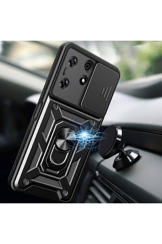 Nourthkiingdom Tecno Spark 10 Pro Kılıf Magnetik Standlı Kamera Korumalı Nrtk Sürgülü Vega Kapak - Siyah Siyah