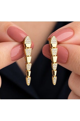 Premium Parlak Ve Şık Gold Renk Zirkon Taşlı Yılan Model 925 Ayar Gümüş Kadın Küpe Altın