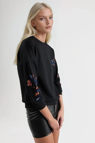 Fiolin Modal Dokulu İşlemeli Bisiklet Yaka Sweatshirt siyah