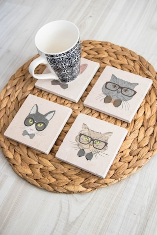 Baskılı Doğal Taş Bardak Altlığı 4'lü Set 10x10x1 Cm - Kedi Baskılı Bardakaltı Çok Renkli