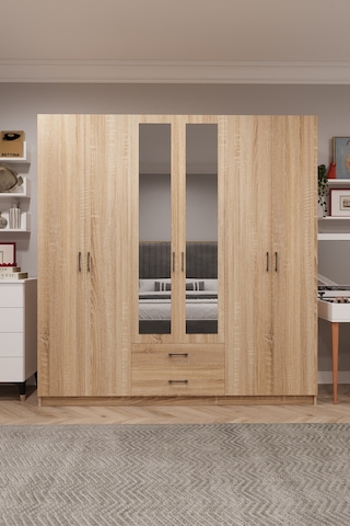 Asra Trend 6 Kapaklı Gardırop G-05 %100 MDF 2 Çekmeceli Aynalı Elbise Dolabı Sonoma