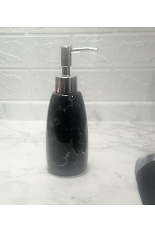 Mermer Desenli Siyah Sıvı Sabunluk 8x8x17cm 300ml Banyo Seti
