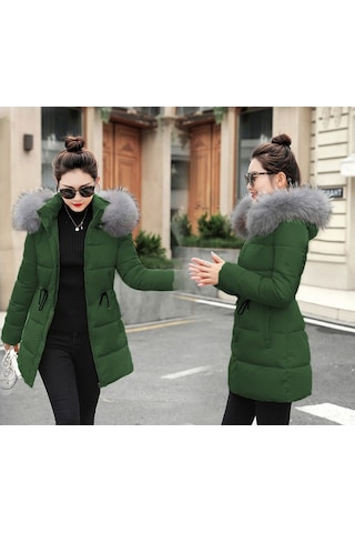 Kışlık Kapüşonlu Orta Boy Kadın Şişme Mont Haki