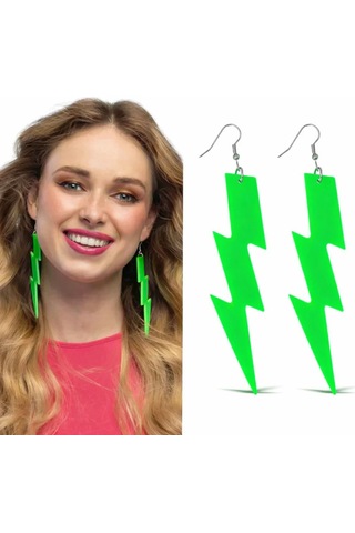 80 Ler 90& 39 Lar Retro Neon Yeşil Şimşek Küpe 10 Cm