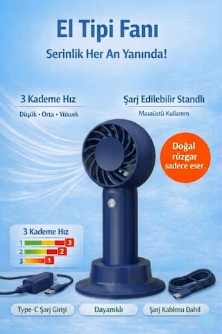 Jasper Sr-0034 Lacivert Taşınabilir Standlı Serinletici Fan 3 Hız Ayarlı , Typ-c Şarjlı Fan Masaüstü Fan Vantilatör 2w-5